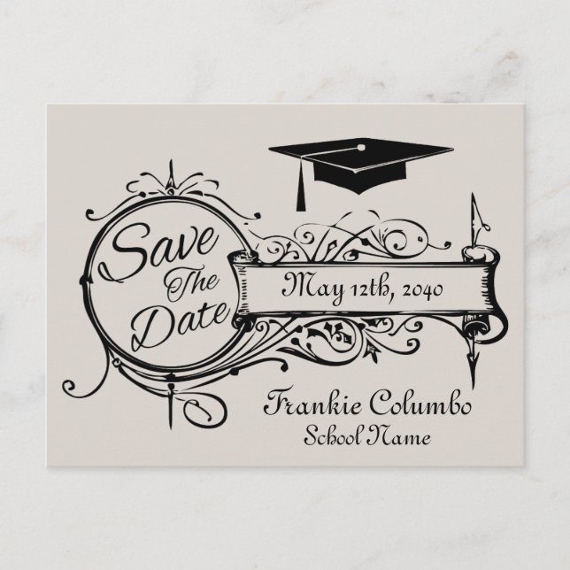 Graduation Save The Date  Postcard Gray Vintage (Front)