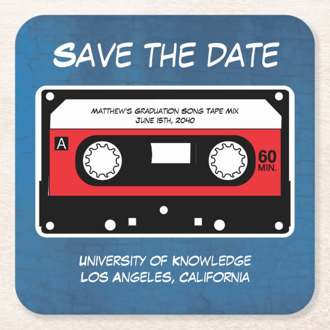 Graduation Save The Date Retro  Song Tape Mix Square Paper Coaster (Front)
