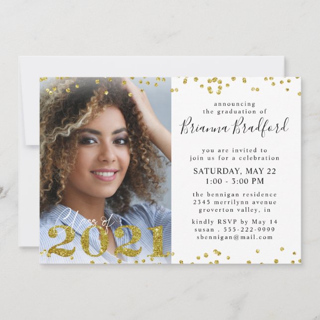 Graduation Script 2021 Gold Glitter 4 Photo Invitation (Front)