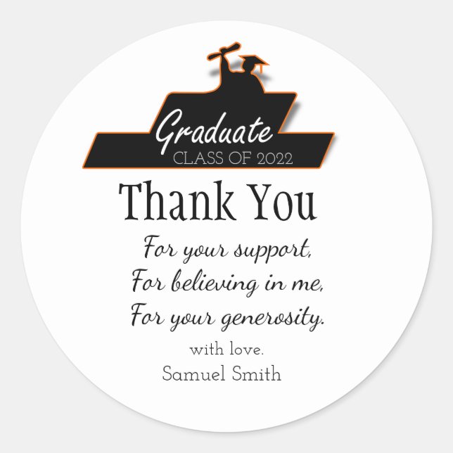Graduation Script Black & White Scroll Thank You Classic Round Sticker (Front)