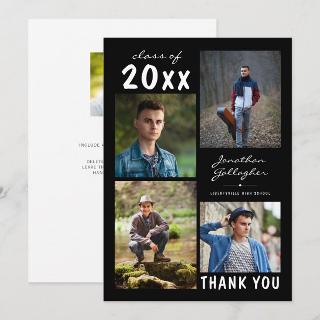 Graduation Script Bold Photo Collage Black Thank You Card (Front/Back)