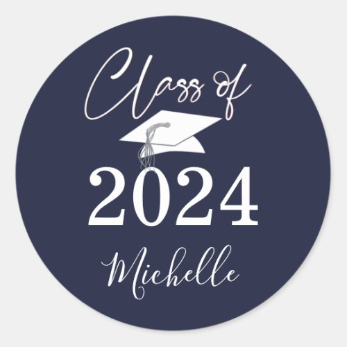 Graduation Script Class of 2024 Navy Blue Classic Round Sticker