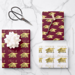 Graduation Script Class Year Burgundy Gold Foil Wrapping Paper Sheets
