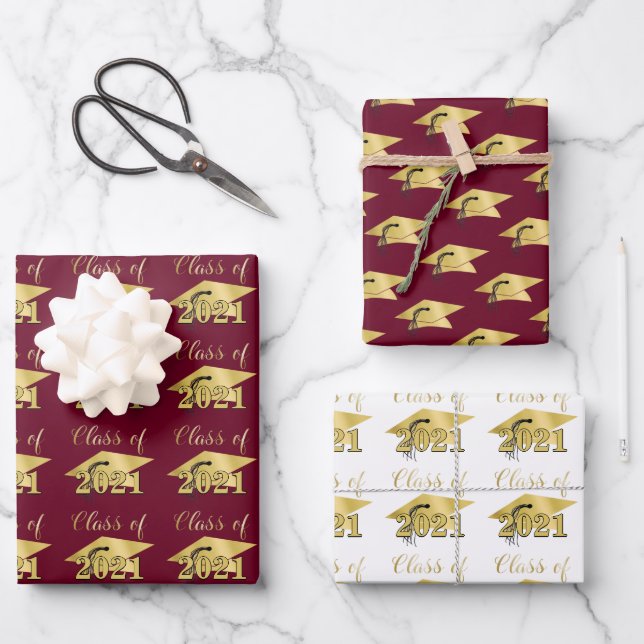 Graduation Script Class Year Burgundy Gold Foil Wrapping Paper Sheets (Front)