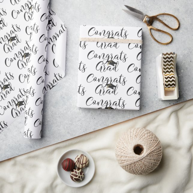Graduation Script CONGRATS GRAD Black White Wrapping Paper (Crafts)
