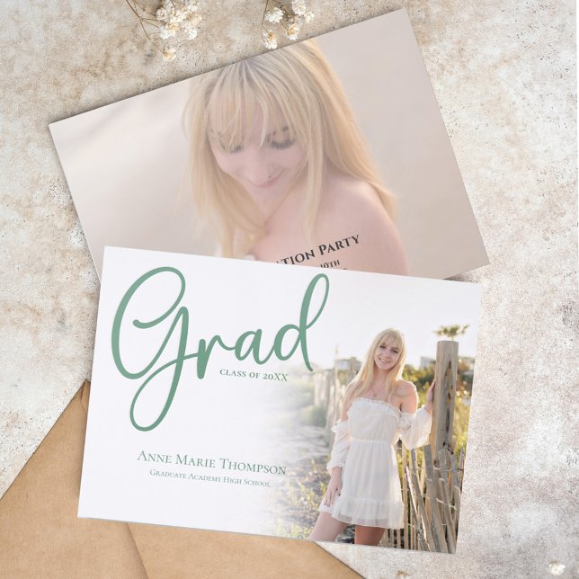 Graduation Script Elegant Green Photo Announcement (Elegant graduation photo Letterpress invitation announcement card.)