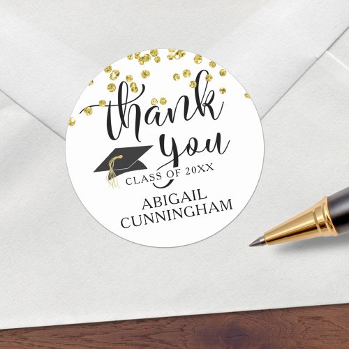 Graduation Script Gold Confetti THANK YOU Classic Round Sticker