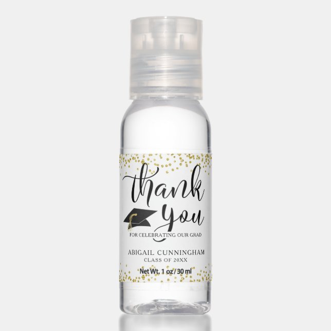 Graduation Script Gold Confetti Thank You Favor Hand Sanitizer (Front)