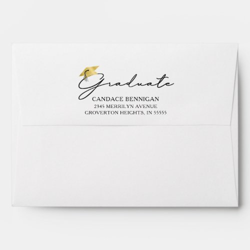 Graduation Script Graduate Black Gold Cap Pattern Envelope - Chic, modern graduation stationery envelope with return address and script GRADUATE typography in black accented with a gold graduation cap or mortarboard and on the back flap and black and gold graduation cap pattern on the inside to accentuate your graduate's invitation, announcement or thank you card.  CHANGES:  Change the text font style, size, color or placement or choose a different background color on the inside for a custom unique look by clicking on CUSTOMIZE FURTHER. ASSISTANCE:  For help with design modification or personalization, color change or transferring the design to another product, contact the designer BEFORE ORDERING via the Zazzle Chat MESSAGE tab or email makeitaboutyoustore@gmail.com.