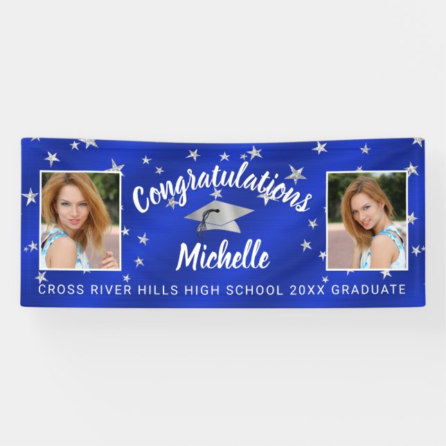 Graduation Script Photo Royal Blue Silver Stars Banner (Horizontal)