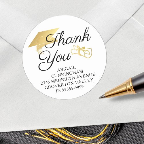 Graduation Script Thank You Faux Gold Foil Cap Classic Round Sticker