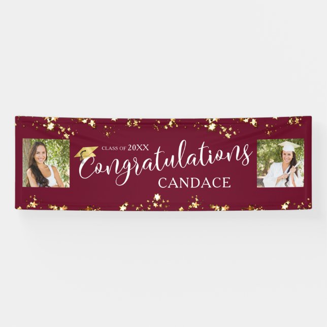 Graduation Script Typography Photo Stars Maroon Banner (Horizontal)