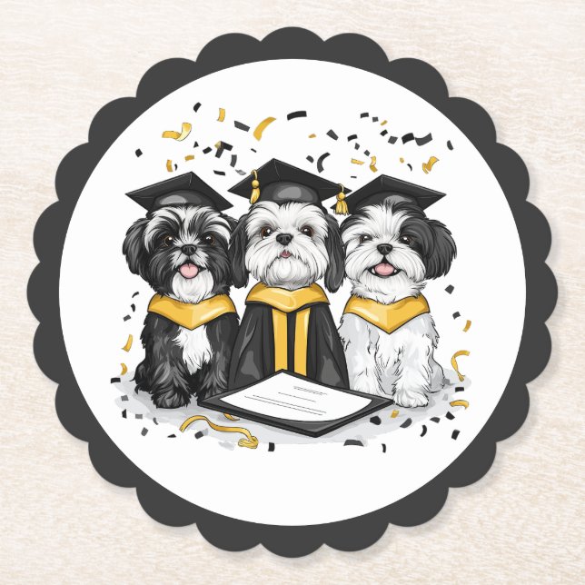 Graduation Shih Tzu Dogs Paper Coaster (Front)