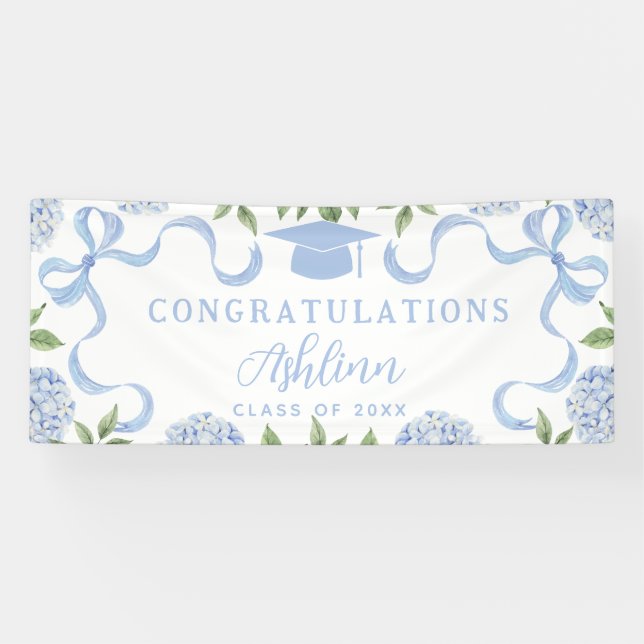 Graduation Sign, Blue Hydrangea, White Banner (Horizontal)