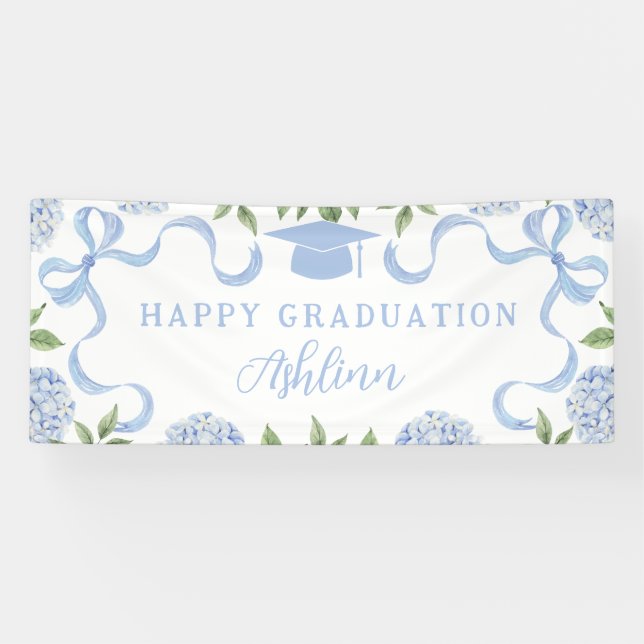 Graduation Sign, Blue Hydrangea, White Banner (Horizontal)