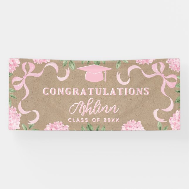 Graduation Sign, Kraft Colored Pink Hydrangea  Banner (Horizontal)