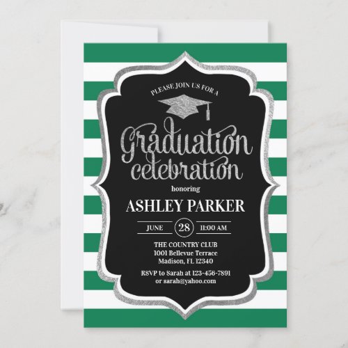 Graduation _ Silver Black Green White Stripes Invitation