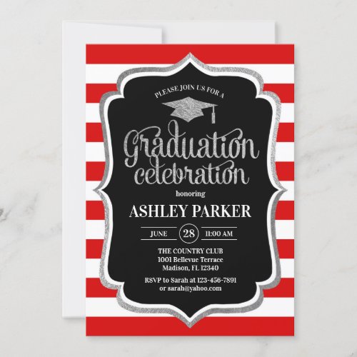 Graduation _ Silver Black Red White Stripes Invitation