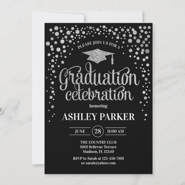 Graduation - Silver Black White Invitation (Front)
