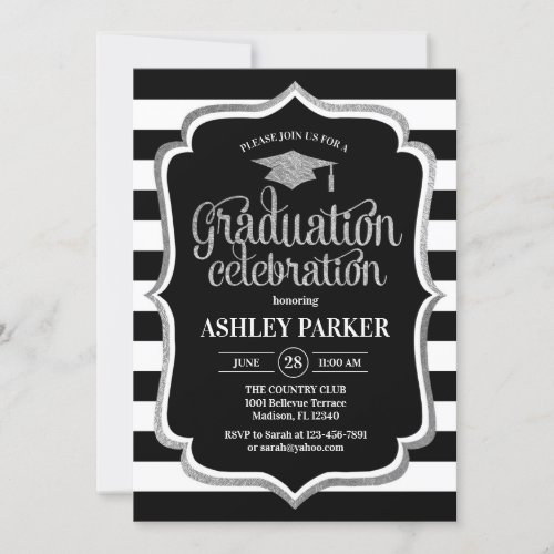 Graduation _ Silver Black White Stripes Invitation