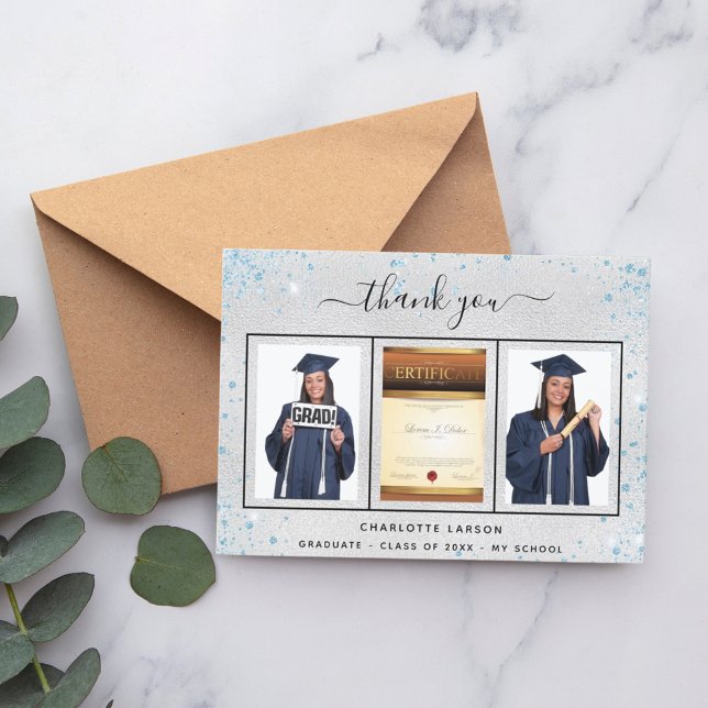 Graduation silver blue photo thank you card (Creator Uploaded)