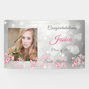 Graduation Silver Bokeh, Pink Flowers, Custom Banner