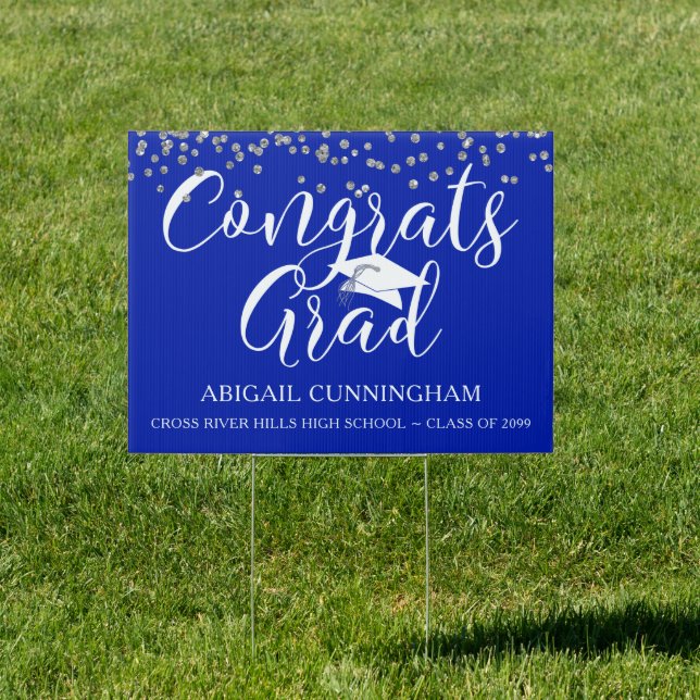 Graduation Silver Confetti CONGRATS GRAD Blue Sign (Insitu)