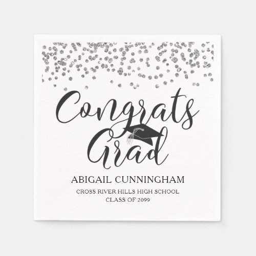 Graduation Silver Confetti CONGRATS GRAD Name Napkins
