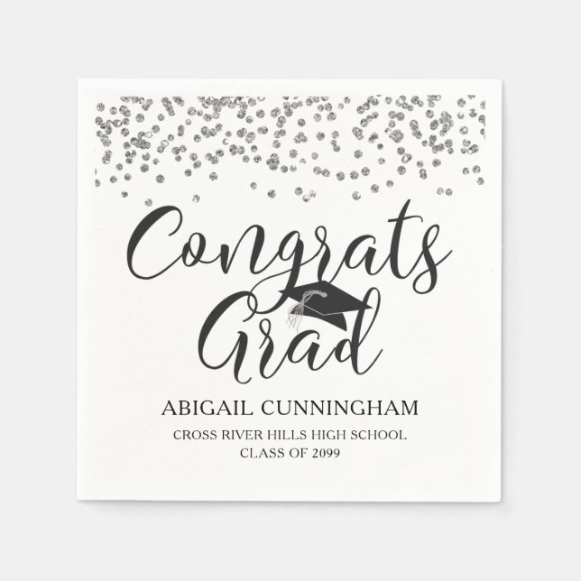 Graduation Silver Confetti CONGRATS GRAD Name Napkins (Front)