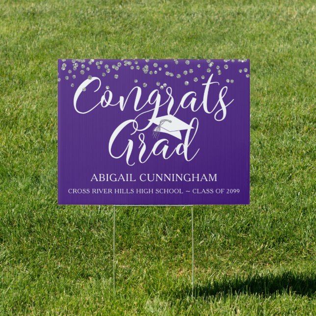Graduation Silver Confetti CONGRATS GRAD Purple Sign (Insitu)