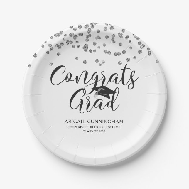 Graduation Silver Confetti Script CONGRATS GRAD Paper Plates (Front)