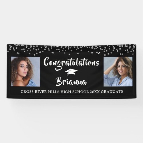 Graduation Silver Confetti Script Photo Black Banner