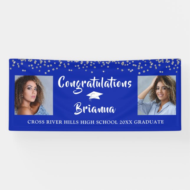 Graduation Silver Confetti Script Photo Royal Blue Banner (Horizontal)