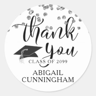 Graduation Silver Confetti Script THANK YOU Classic Round Sticker