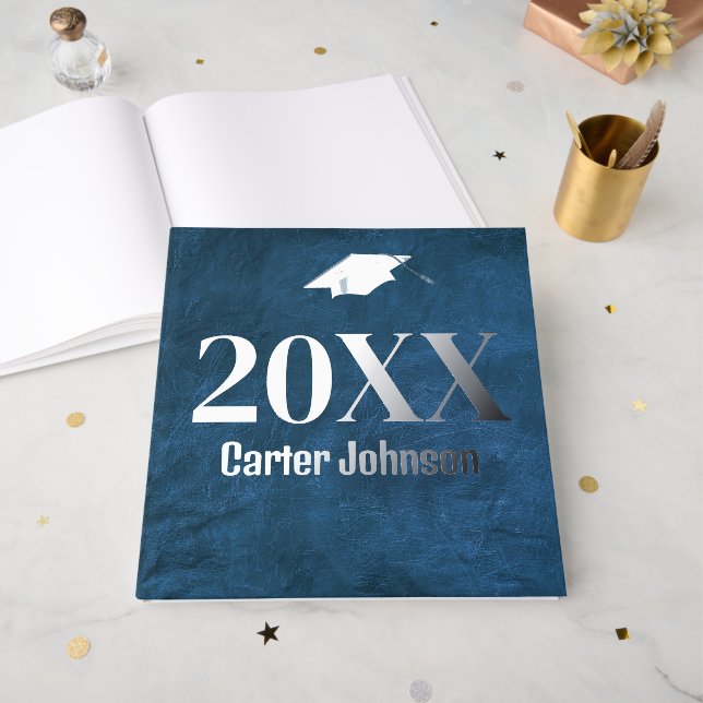 Graduation Silver Foil On Blue Leather Foil Guest Book (Front Open)