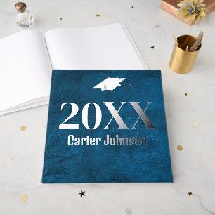 Graduation Silver Foil On Blue Leather Guest Book