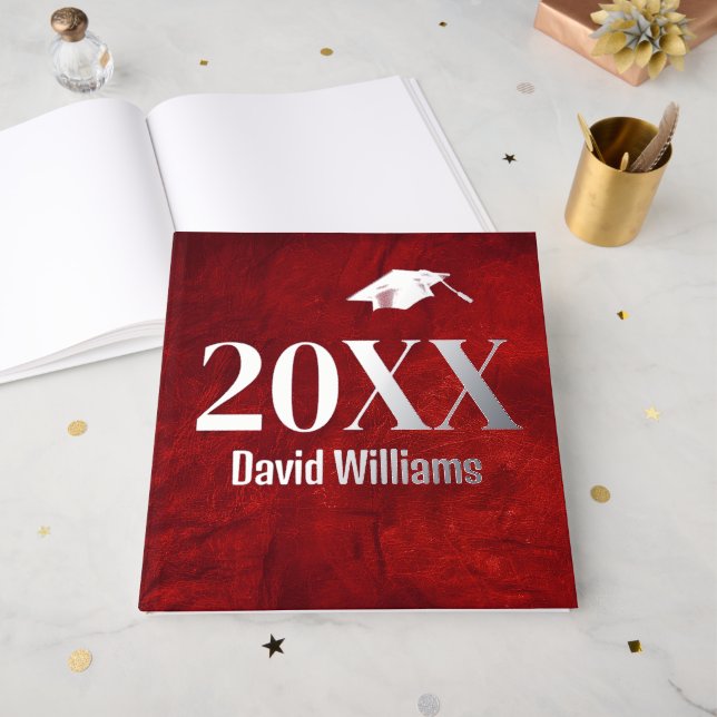 Graduation Silver Foil On Red Leather Foil Guest Book (Front Open)
