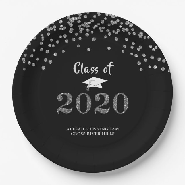 Graduation Silver Glitter CLASS OF 2020 Confetti Paper Plates (Front)