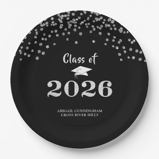 Graduation Silver Glitter CLASS OF 2020 Confetti Paper Plates (Front)