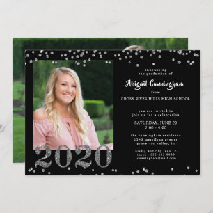 Graduation Silver Glitter Confetti Black Invitation