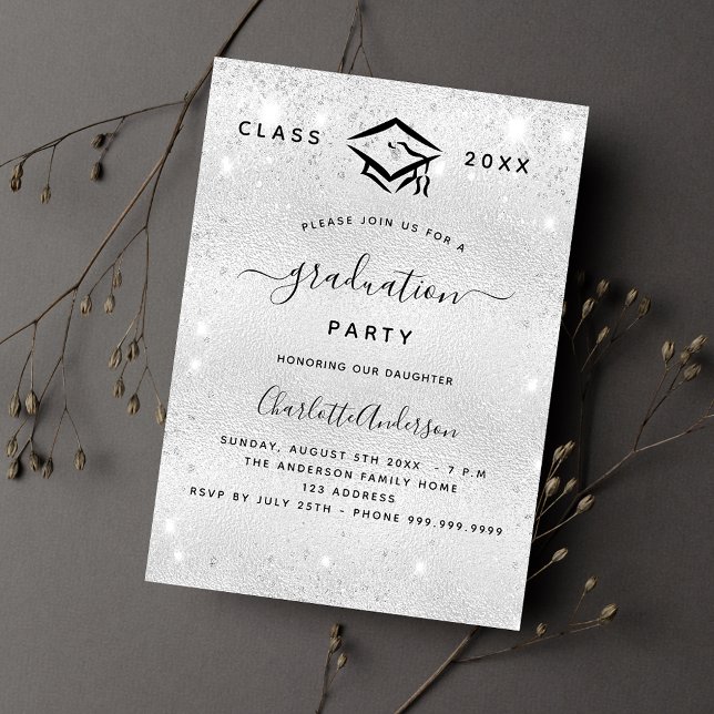 Graduation silver glitter modern invitation postcard (Creator Uploaded)