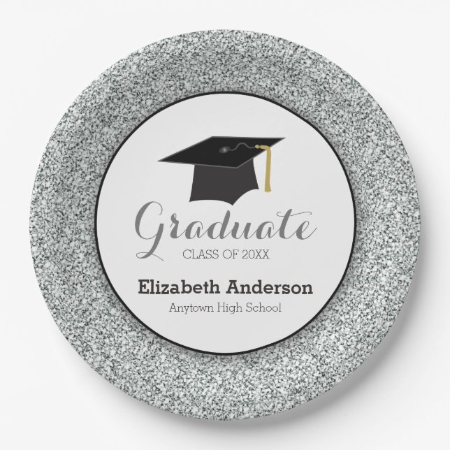 Graduation Silver Glitter Mortarboard Paper Plates (Front)