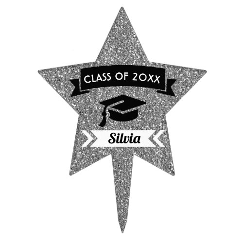 Graduation Silver Glitter Star Cake Topper