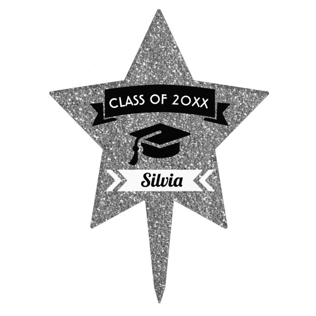 Graduation Silver Glitter Star Cake Topper (Front)