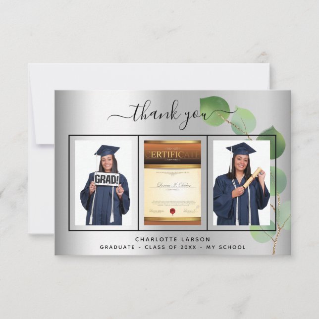 Graduation silver graduate photo eucalyptus thank you card (Front)
