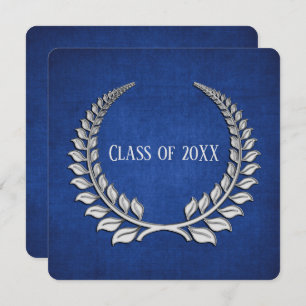Graduation Silver Laurel on Blue Invitation