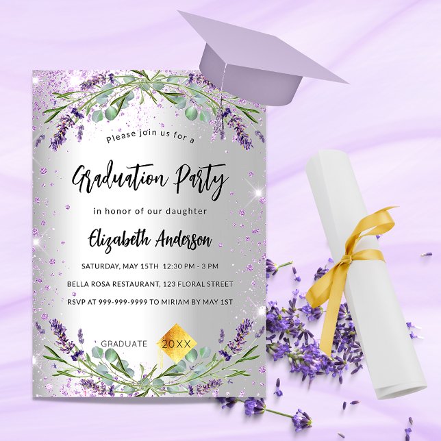 Graduation silver lavender eucalyptus floral invitation postcard (Creator Uploaded)