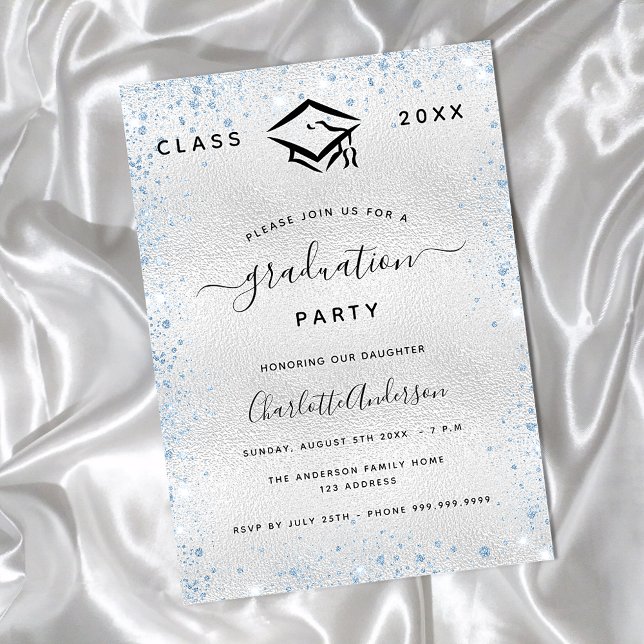 Graduation silver light blue invitation postcard (Creator Uploaded)