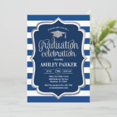 Graduation - Silver Navy Blue White Stripes Invitation (Standing Front)
