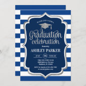 Graduation - Silver Navy Blue White Stripes Invitation (Front/Back)